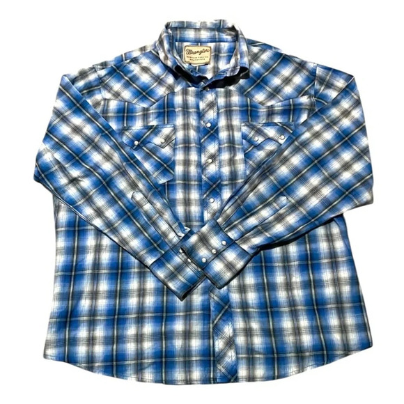 Wrangler western snap up shirt Blue plaid Pearlized snaps Long sleeves Mens XL - Picture 1 of 14